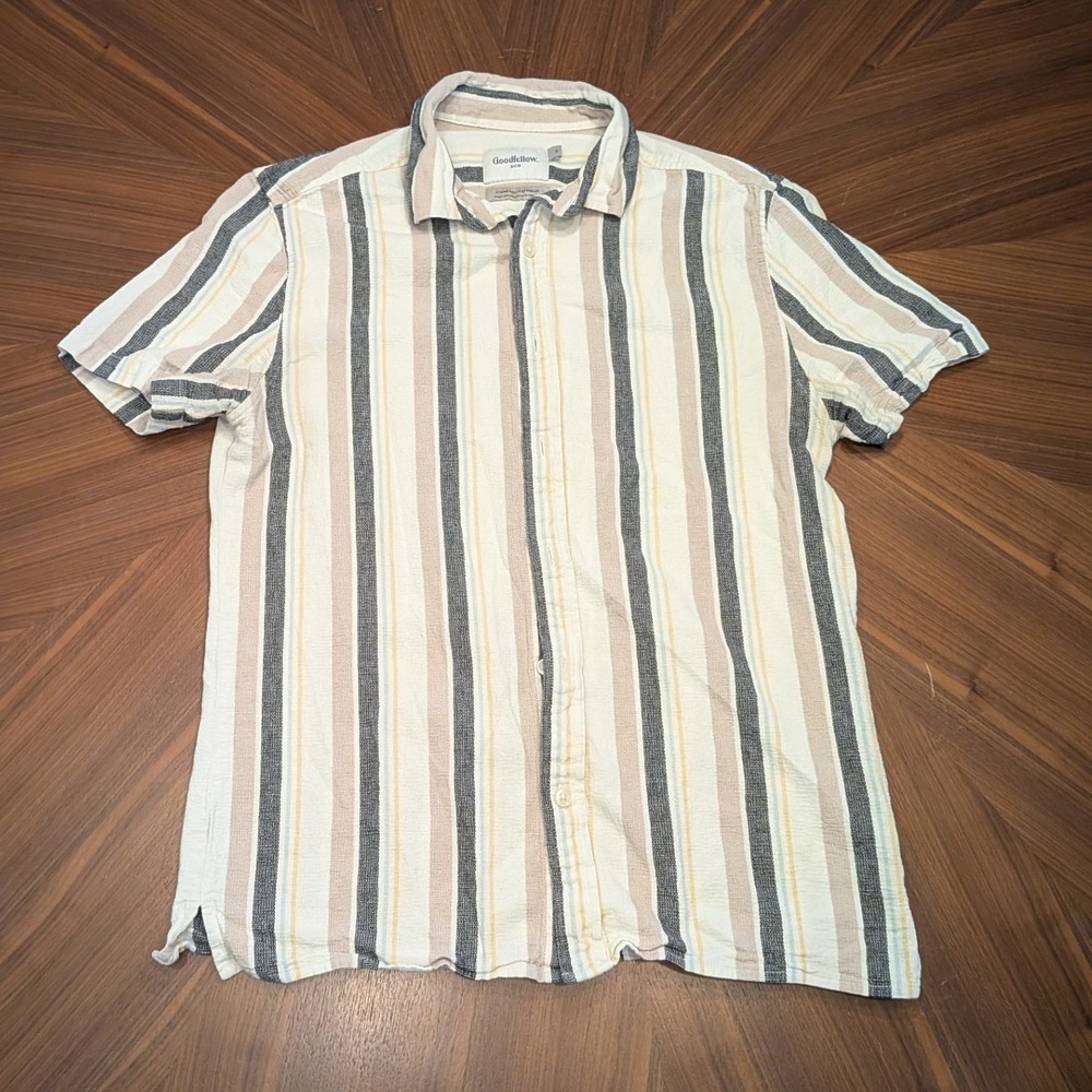 Goodfellow & Co Button Down Men S Cream Striped Excellent Short Sleeve Shirt